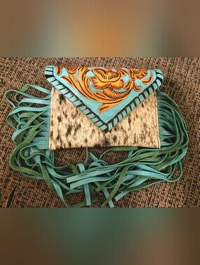 Turquoise & Tan Tooled Fringe Card Holder